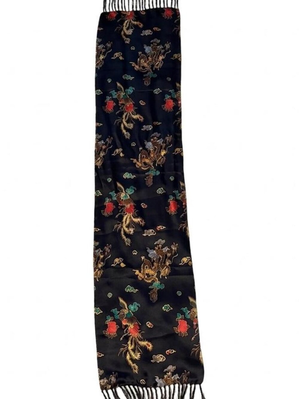 Vintage Black Silk Brocade Scarf - Dragon & Phoenix Gold Embroidery - Fringed